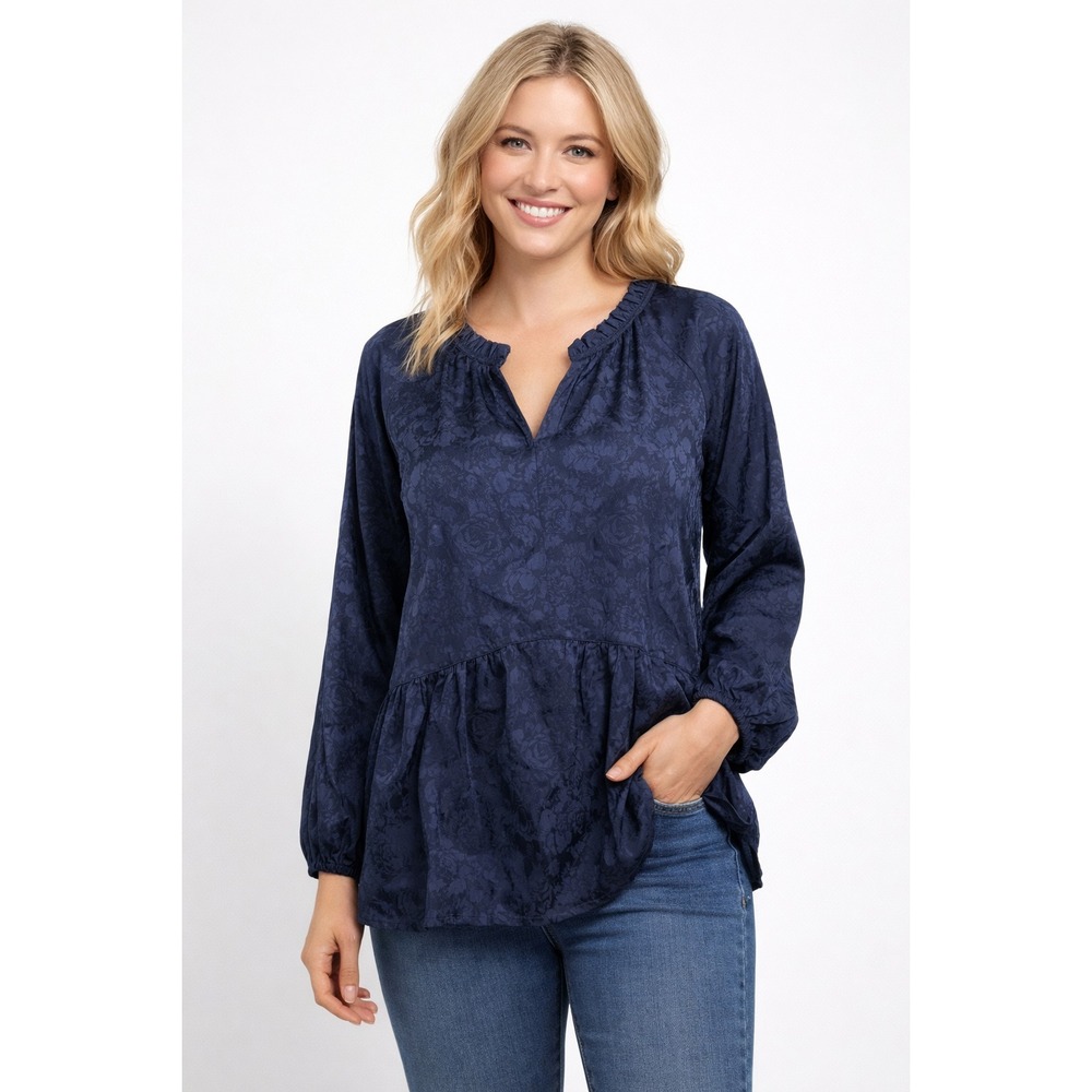 Isaac Mizrah Floral Blouse Navy Blue V-Neck Silky Elegant Romantic Top Size 10‎